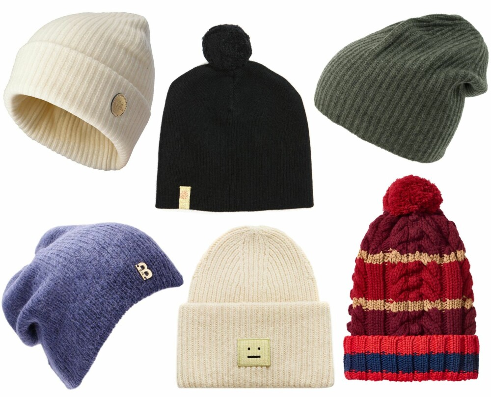 LUER OVER KR 300 (f.v.): Wool Land Kashmirlue Store Snøhetta, White Sheep, kr 499. Fleischer Couture Beanie Cashmere Wool, kr 699. Kashmina Rib caps army, kr 949. By Benedicthe Navy Hat/Miinto.no, kr 699. Acne Studios Pansy S Hat Cream White, kr 745. Tommy Hilfiger Burgundy Red Cable Knit Hat, kr 1300. LUER OVER KR 300 (f.v.): Wool Land Kashmirlue Store Snøhetta, White Sheep, kr 499. Fleischer Couture Beanie Cashmere Wool, kr 699. Kashmina Rib caps army, kr 949. By Benedicthe Navy Hat/Miinto.no, kr 699. Acne Studios Pansy S Hat Cream White, kr 745. Tommy Hilfiger Burgundy Red Cable Knit Hat, kr 1300.