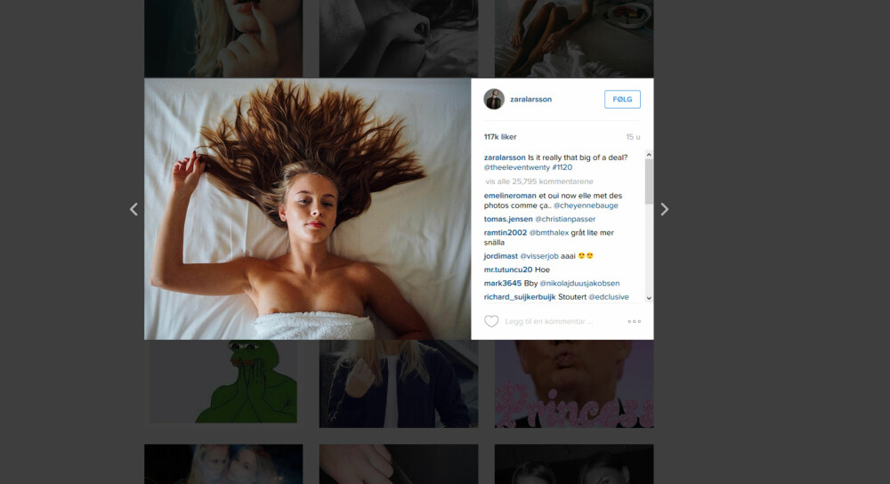 EN BRYSTVORTE? PYTT PYTT: Da bloggeren Zara Larsson stilte seg spørsmålet om hvorfor pupper er blitt en så «big deal» på Instagram, tok det helt av.