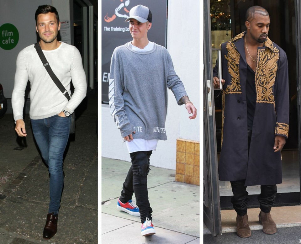 TRENDER VI ER FERDIG MED: Både skinny jeans, baseball-caps, store T-skjorter og dype utringninger er trender moteekspertene håper og tror vi er ferdig med nå. Fra venstre: realitykjendis kjent fra TOWIE, Mark Wright, Justin Bieber og Kanye West.