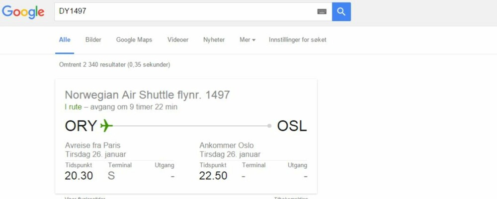 GOOGLE FLIGHTNUMMER: Er flyet ditt i rute? Hvor lenge er det til avgang? Hvilken terminal? Gate? Skjermdump: Google.com