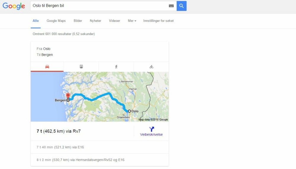 GOOGLE VEIRUTEN DIN: Hvor lang tid kan du forvente å bruke på de forskjellige veirutene til destiniasjonen din? SKJERMDUMP: Google.com GOOGLE VEIRUTEN DIN: Hvor lang tid kan du forvente å bruke på de forskjellige veirutene til destiniasjonen din? SKJERMDUMP: Google.com