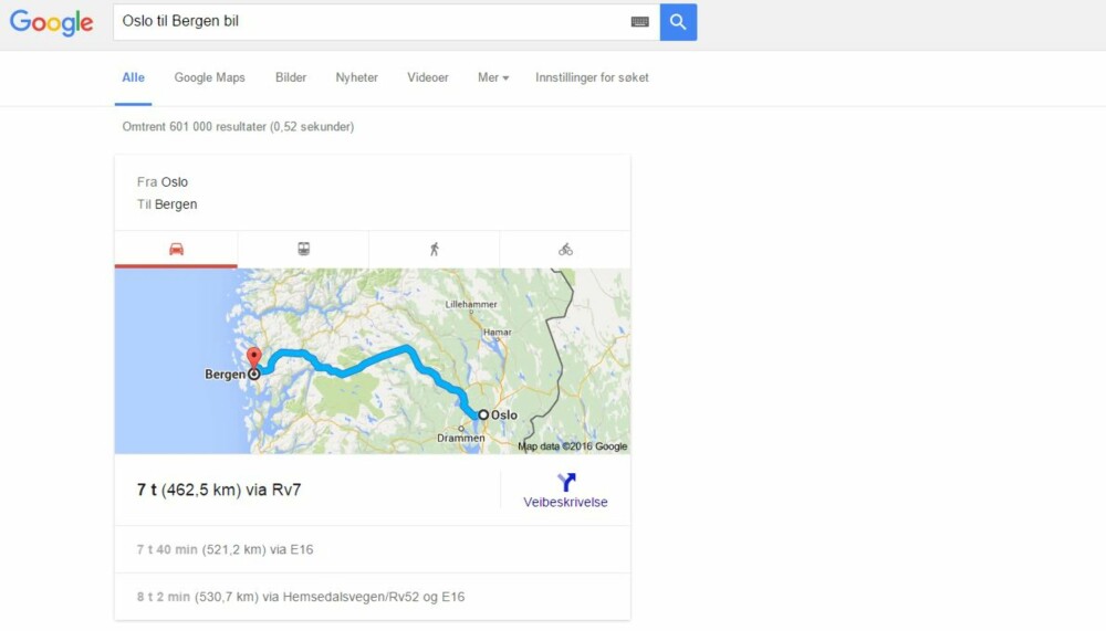 GOOGLE VEIRUTEN DIN: Hvor lang tid kan du forvente å bruke på de forskjellige veirutene til destiniasjonen din? SKJERMDUMP: Google.com