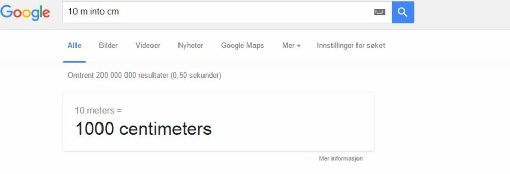 GOOGLE KONVERTERING AV MÅLEENHETER: Kilo til hekto, meter til centimeter osv...her får du svaret. SKJERMDUMP: Google.com GOOGLE KONVERTERING AV MÅLEENHETER: Kilo til hekto, meter til centimeter osv...her får du svaret. SKJERMDUMP: Google.com