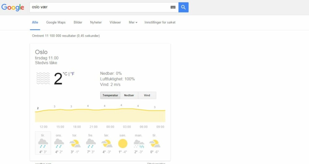 GOOGLE VÆRET: Finnes det en enklere måte å sjekke været på? SKJERMDUMP: Google.com