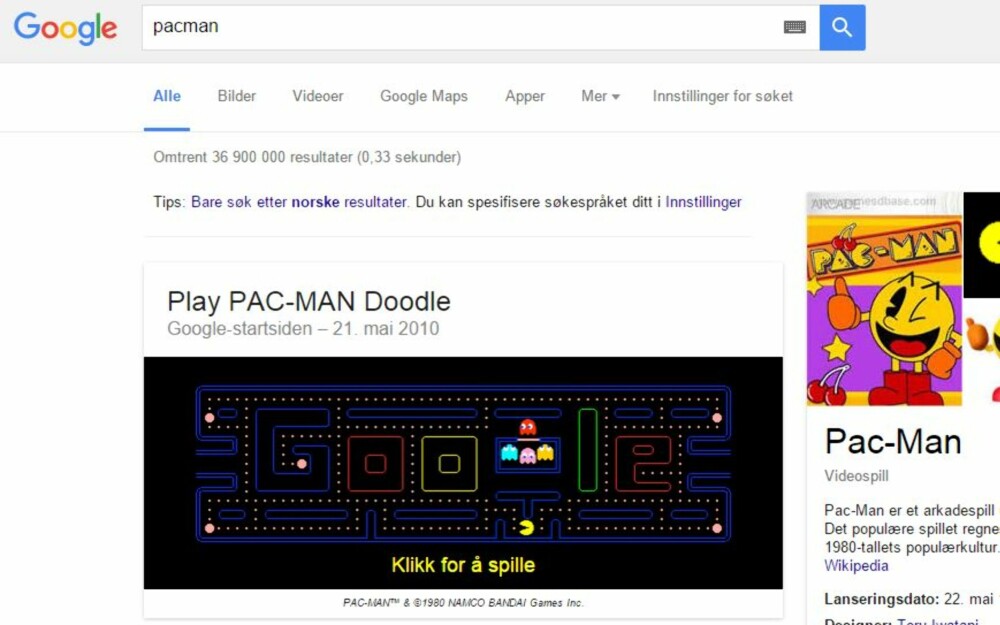 GOOGLE PACMAN: Kanskje du bare er keen på å spille litt? SKJERMDUMP: Google.com GOOGLE PACMAN: Kanskje du bare er keen på å spille litt? SKJERMDUMP: Google.com
