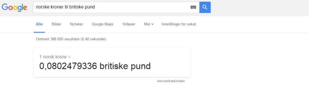 GOOGLE VALUTAKALKULATOR: Regner ut valuta for deg. SKJERMDUMP: Google.com
GOOGLE VALUTAKALKULATOR: Regner ut valuta for deg. SKJERMDUMP: Google.com
