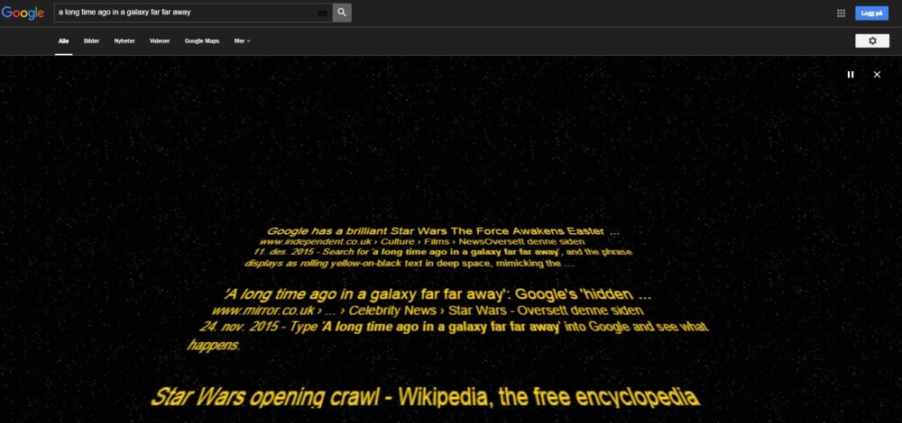 GOOGLE <3 STAR WARS: Skriv "A long time ago in a galaxy far far away" inn i søkefeltet og se hva som skjer! SKJERMDUMP: Google.com GOOGLE <3 STAR WARS: Skriv "A long time ago in a galaxy far far away" inn i søkefeltet og se hva som skjer! SKJERMDUMP: Google.com