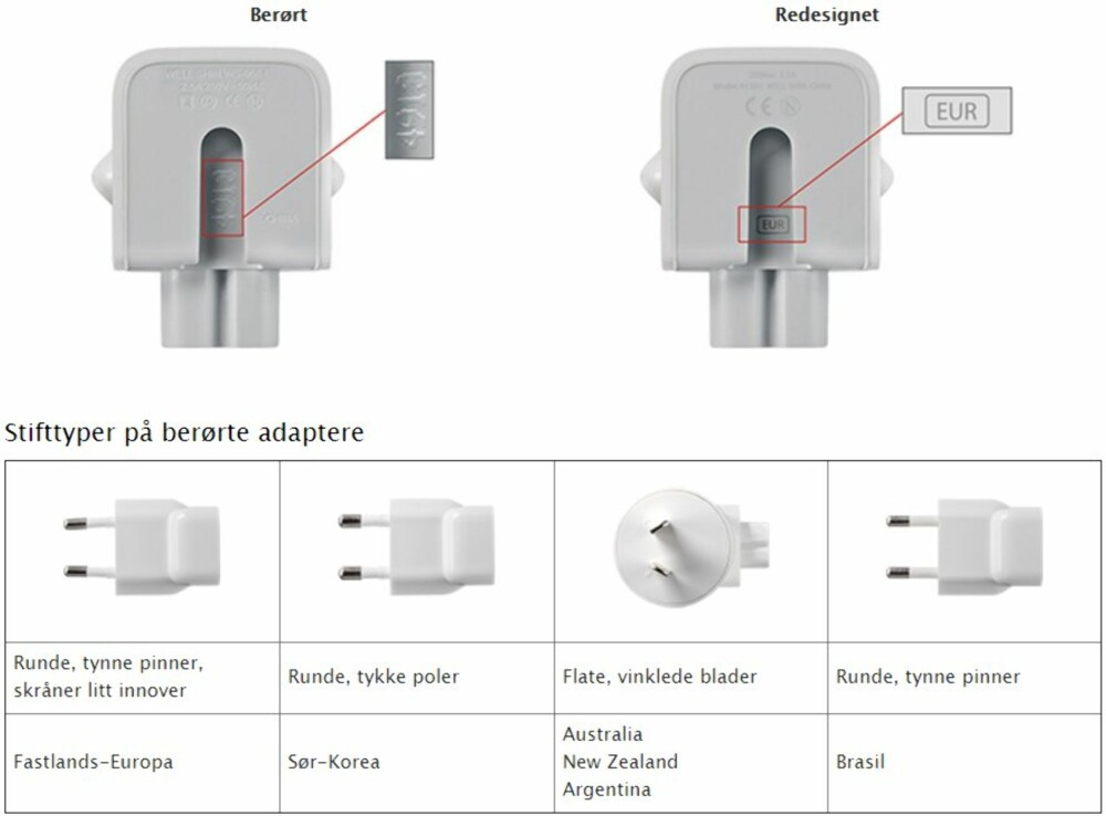 SJEKK DIN EGEN: Apple har lagt ut dette bildet som forteller hvordan du kan finne ut om din egen ladere er berørt.