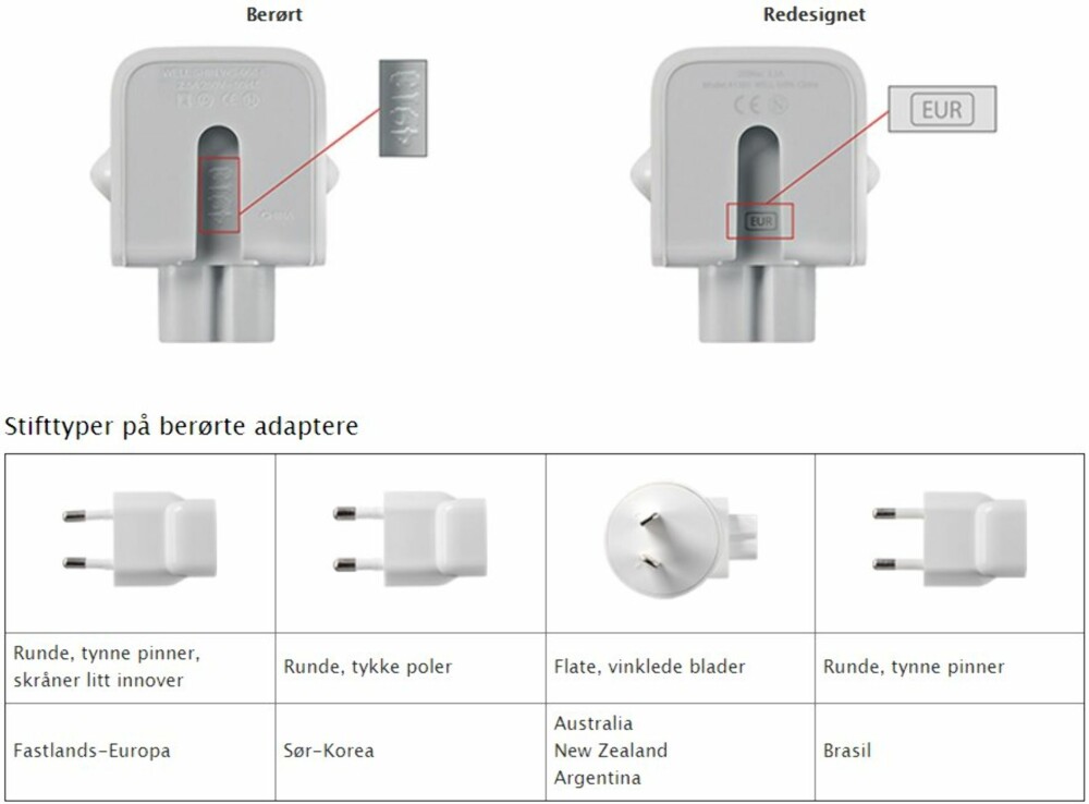 SJEKK DIN EGEN: Apple har lagt ut dette bildet som forteller hvordan du kan finne ut om din egen ladere er berørt. SJEKK DIN EGEN: Apple har lagt ut dette bildet som forteller hvordan du kan finne ut om din egen ladere er berørt.