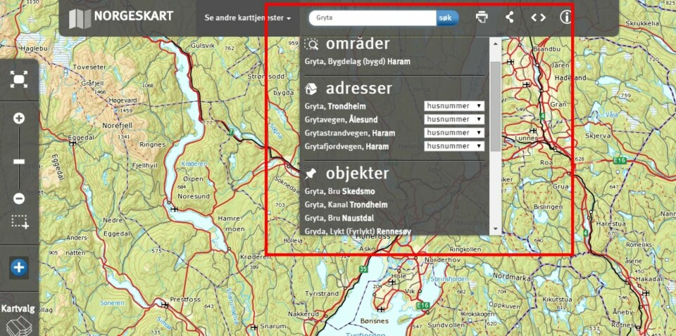SØK: I karttjenesten kan du søke og få frem områder, adresser eller objekter.
