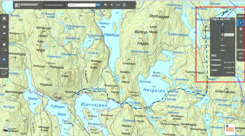 EGEN RUTE: Bruk tegne- og måleverktøyet for å tegne din egen rute inn på kartet.
