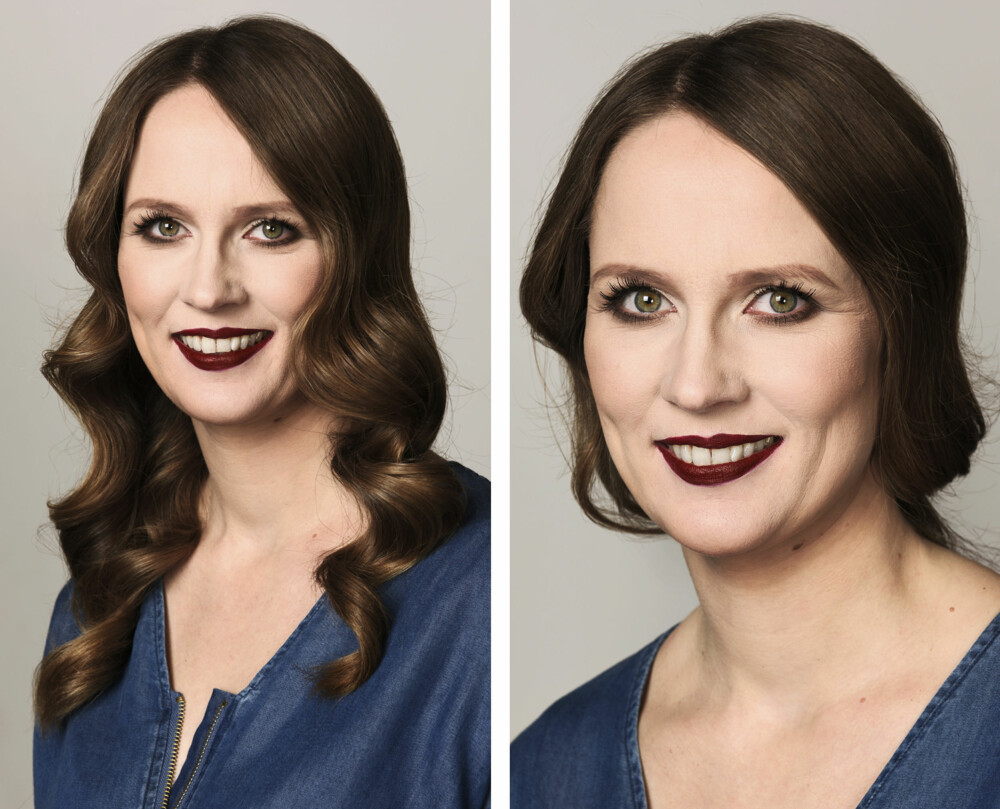 SMINKE OG HÅR: Frisør og makeupstylist Christine Mellem krøllet håret til Inger-Helene og la en lekker, sotet sminke.