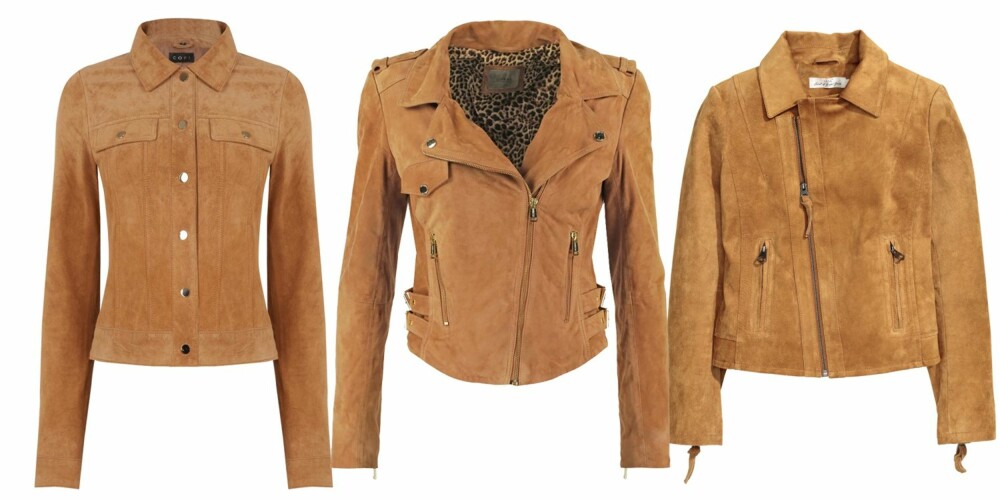 MYKE BRUNE SKINNJAKKER: Fra venstre med knapper (kr 700, Oasis), med dyrsike detaljer (kr 3650, Guess) og kort modell (kr 1299, H&M). MYKE BRUNE SKINNJAKKER: Fra venstre med knapper (kr 700, Oasis), med dyrsike detaljer (kr 3650, Guess) og kort modell (kr 1299, H&M).