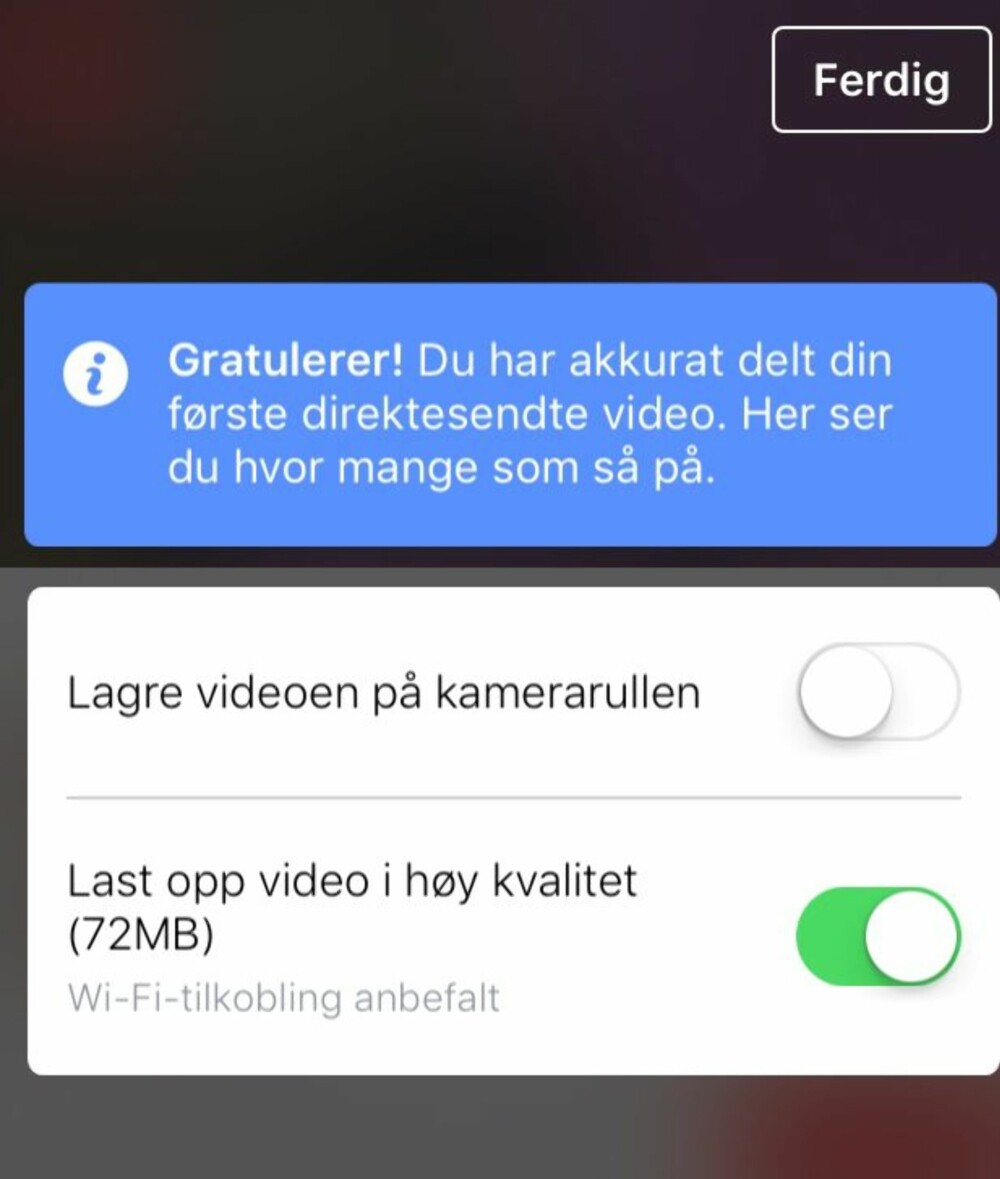 FERDIG: Når sendingen er over får du en liten rapport om hvor mange som så på. Vil du slette sendingen kan du gjøre det i feeden din i etterkant. FERDIG: Når sendingen er over får du en liten rapport om hvor mange som så på. Vil du slette sendingen kan du gjøre det i feeden din i etterkant.