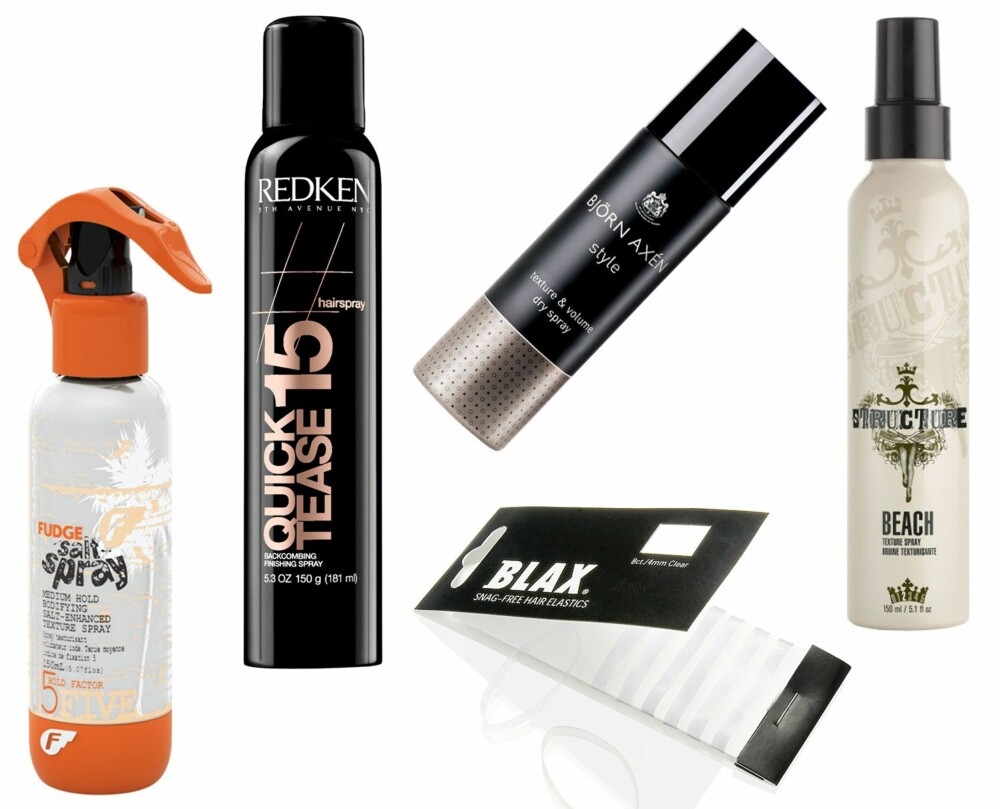 STYLINGPRODUKTER: Fudge Salt Spray, kr 135. Redken Quick Dry 18, kr 189. Joico Structure Beach Texture Spray, kr 170. Blax transparente hårstrikker 8 stk, kr 79.