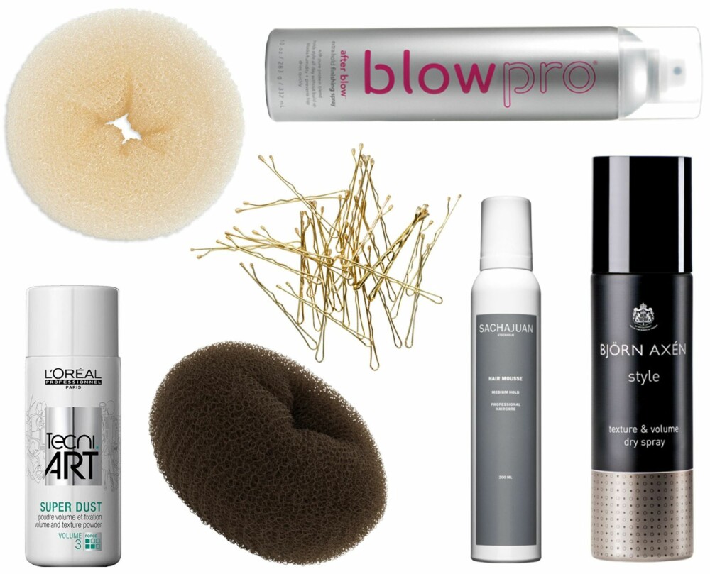 PRODUKTER (f.v.): Lindex hårdonut, kr 39,50. Blow After Blow Strong Hold Finishing Spray, kr 130. H&M 30 pack hårnåler, kr 19,50. L'Oréal Professionnel Tecni Art Super Dust, kr 199. Make Up Store hair donut, kr 79. Sachajuan Hair Mousse, kr 135. Björn Axén Texture & Volume Dry Spray, kr 135.