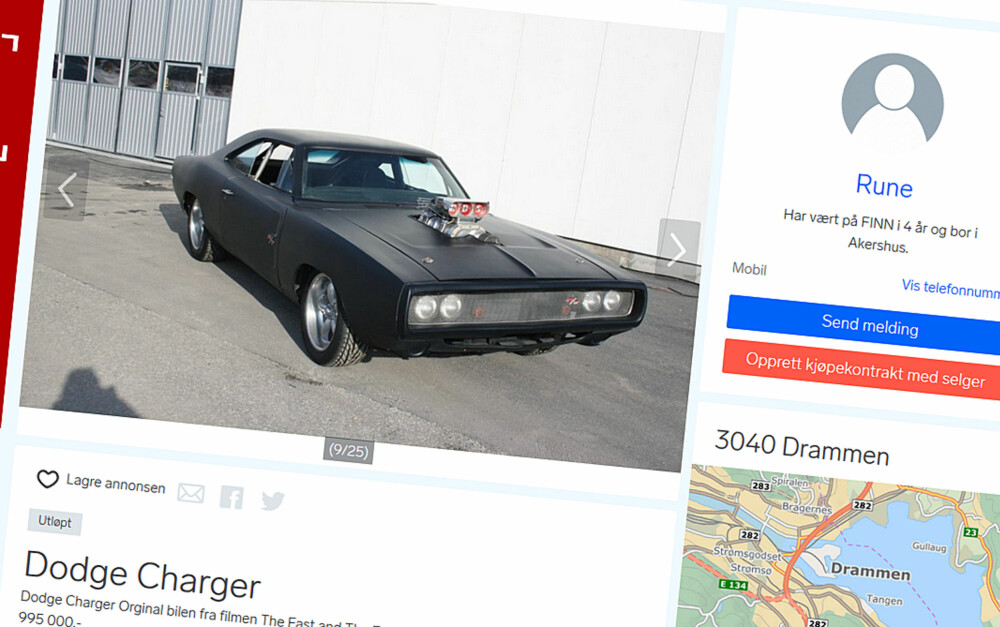FILMSTJERNE: Nest mest sette bilannonse og åttende mest sette annonse på Finn.no i 2016 var denne Dodge Charger'en fra filmen The Fast & The Furious 4. FILMSTJERNE: Nest mest sette bilannonse og åttende mest sette annonse på Finn.no i 2016 var denne Dodge Charger'en fra filmen The Fast & The Furious 4.