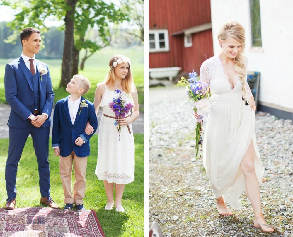 BARNAS KLÆR: Brudgommens sønn hadde klær fra Zara, og brudgommens datter hadde klær fra Lindex. BRUDEN: Bruden fant vintageøredobber hos Tonica Vintage på Majorstua til bare noen tiere. Brudebuketten er laget av bruden selv, og knyttet sammen av garn og perler laget av brudens sønn. BARNAS KLÆR: Brudgommens sønn hadde klær fra Zara, og brudgommens datter hadde klær fra Lindex. BRUDEN: Bruden fant vintageøredobber hos Tonica Vintage på Majorstua til bare noen tiere. Brudebuketten er laget av bruden selv, og knyttet sammen av garn og perler laget av brudens sønn.