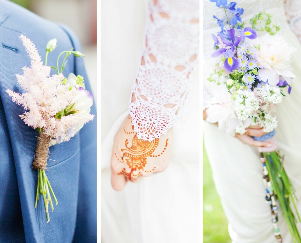 DETALJER: Knapphullsblomster er laget av bruden samme morgen, og sendt med fotografen til hotellrommet til brudgommen. Blomster, hemphyssing og knappenål er alt du trenger. Bruden ønsket et inntrykk av villblomster, helst at det skulle se ut som hun hadde plukket buketten selv. Men alt ble kjøpt i butikk, og satt tilfeldig sammen for riktig uttrykk.