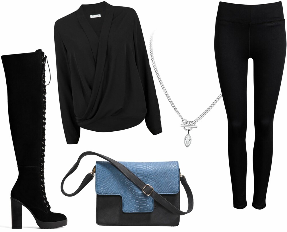 STYLINGTIPS (f.v.): Lårhøye støvletter fra Aldo, kr 1899. Bluse fra Cubus, kr 299. Veske fra La Redoute, kr 299. Smykke fra Dyrberg/Kern, kr 669. Tights fra Never Denim, kr 499 STYLINGTIPS (f.v.): Lårhøye støvletter fra Aldo, kr 1899. Bluse fra Cubus, kr 299. Veske fra La Redoute, kr 299. Smykke fra Dyrberg/Kern, kr 669. Tights fra Never Denim, kr 499