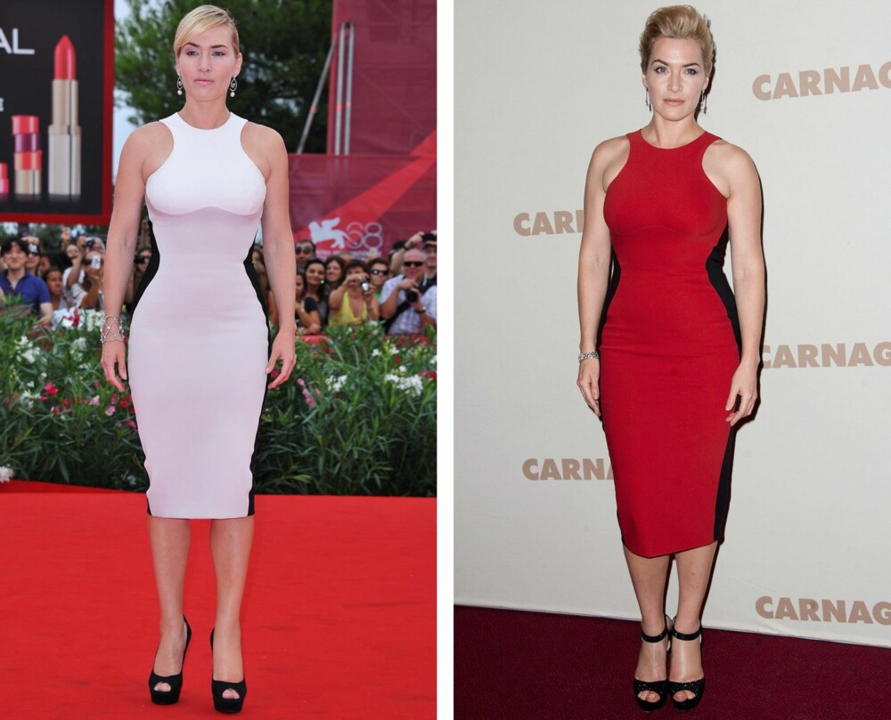 SER SMALERE UT: - Noen bluser og kjoler har et mønster som svinger innover mot midten, noe som vil gi en optisk illusjon av å se smalere ut, sier Stiansen. Her illustrert av Kate Winslet. SER SMALERE UT: - Noen bluser og kjoler har et mønster som svinger innover mot midten, noe som vil gi en optisk illusjon av å se smalere ut, sier Stiansen. Her illustrert av Kate Winslet.