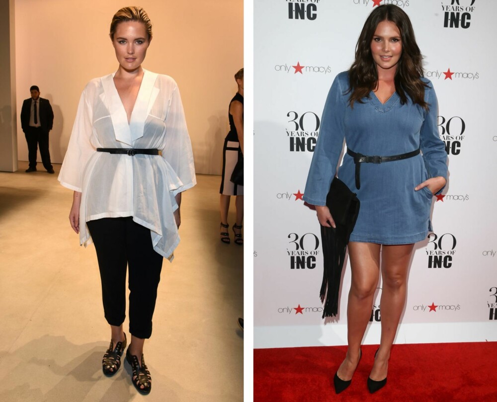 RIKTIG TILBEHØR: Med et belte i midjen oppnår du en slankere silhuett. Her sett på plus-size modellene Georgina Burke og Candice Huffine. RIKTIG TILBEHØR: Med et belte i midjen oppnår du en slankere silhuett. Her sett på plus-size modellene Georgina Burke og Candice Huffine.