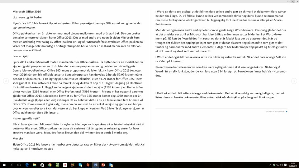 LESEMODUS: Et nytt lesemodus skal gjøre det enklere å lese lange dokumenter i Office 2016.