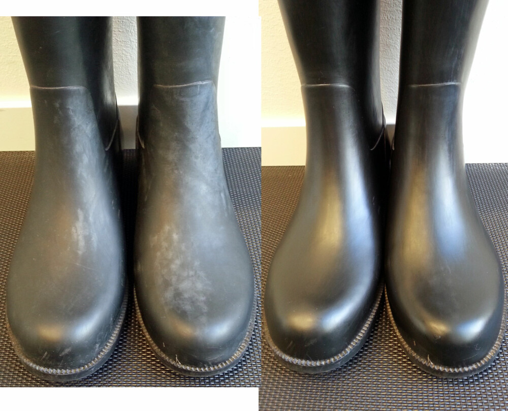 FØR OG ETTER: Til venstre ser du hvordan gummistøvlene så ut med "blooming", til høyre hvordan de så ut etter å ha testet ut de to tipsene (som fungerte begge to).