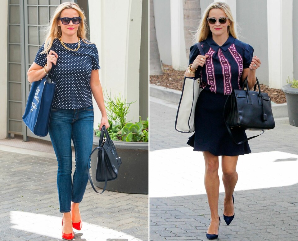 TETTSITTENDE KLÆR: Reese Witherspoon (156 cm) bruker tettsittende bukser og skjørt, fremfor vide bukser og A-formede skjørt som ville gjort at hun så lavere ut enn hun er.