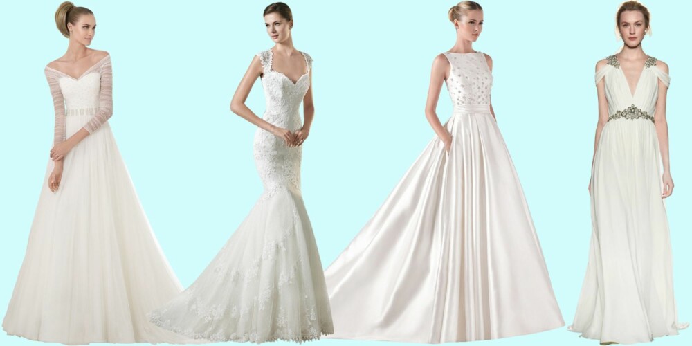 BRUDEKJOLER FOR DEG SOM ER HØY (f.v.): Markert midje fra Pronovias, havfruekjole fra St.patrick, A-formet fra La Sposa, empireliv fra Jenny Packham. BRUDEKJOLER FOR DEG SOM ER HØY (f.v.): Markert midje fra Pronovias, havfruekjole fra St.patrick, A-formet fra La Sposa, empireliv fra Jenny Packham.