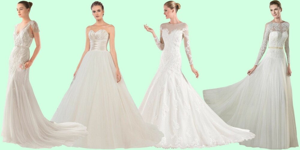 BRUDEKJOLER FOR DEG MED TIMEGLASSFIGUR (f.v.): Smal med markert midje fra Rosa Clará, markert midje med stor skjørt fra Ellis Bridal, tettsittende trumpetkjole fra La Sposa, markert midje fra St. Patrick. BRUDEKJOLER FOR DEG MED TIMEGLASSFIGUR (f.v.): Smal med markert midje fra Rosa Clará, markert midje med stor skjørt fra Ellis Bridal, tettsittende trumpetkjole fra La Sposa, markert midje fra St. Patrick.