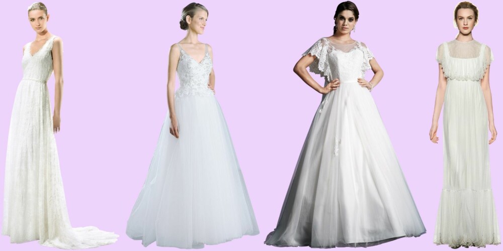 BRUDEKJOLE FOR DEG SOM ER FORMFULL (f.v.): Markert midje fra Jesus Peiro, A-formet kjole fra Beautiful by Enzoani, A-formet kjole med korte ermer fra Passion by Lily, kjoel med empireliv og litt ermer fra Jenny Packham. BRUDEKJOLE FOR DEG SOM ER FORMFULL (f.v.): Markert midje fra Jesus Peiro, A-formet kjole fra Beautiful by Enzoani, A-formet kjole med korte ermer fra Passion by Lily, kjoel med empireliv og litt ermer fra Jenny Packham.