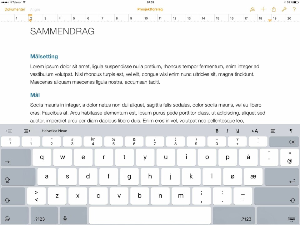 SKJERMTASTATUR: I apper som er tilrettelagt iPad Pro, får du et helt nytt og bedre skjermtastatur. Her fra appen Pages.