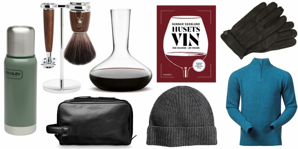 JULEGAVETIPS TIL FAR (f.v.): Stanley Termos Adventure 0,5L, termos, kr 299. Mühle Rytmo Black Fibre barbersett tre deler - Ask/Barbershop.no, kr 799. Holmegaard Cabernet vinkaraffel, inneholder 1,5 L, kr 349. Husets vin: senk skuldrene, lær triksene, kr 349. Timberland hansker/Zalando.no, kr 649. Tiger of Sweden Tigino Toiletry Bag, kr 999. H&M Kasjmirlue, kr 299. Bergans Minde Jumper, kr 1000.