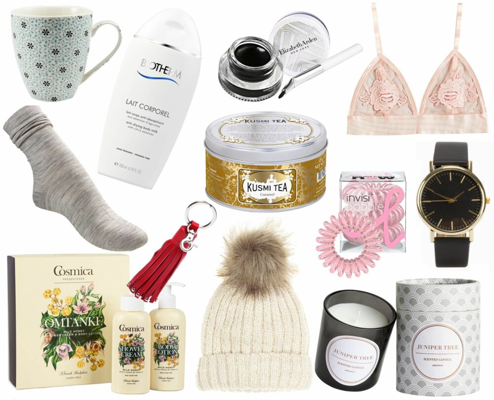 JULEGAVETIPS UNDER 200 KRONER (f.v.): Kremmerhuset Krus Omar, kr 39. Biotherm Lait Corporel 200ml, kr 199. Elizabeth Arden Sunkissed Pearls Gel Eye Liner Deep Sea Pearl, kr 195. Bik Bok Vilde bra, kr 149. Pierre Robert wool collection sokker, kr 90. Kusmi Tea Caramel 125 g, kr 159. Invisibobble Breast Cancer Awareness Edition Single Packaging Update, kr 199. NLY accessories Plain Watch Black, kr 149. Cosmica Body Wild Honey, kr 139. CarolineBerg Eriksen by Adax nøkkelring, kr 199. H&M Lue i ullblanding, kr 99. H&M Duftlys, kr 129. JULEGAVETIPS UNDER 200 KRONER (f.v.): Kremmerhuset Krus Omar, kr 39. Biotherm Lait Corporel 200ml, kr 199. Elizabeth Arden Sunkissed Pearls Gel Eye Liner Deep Sea Pearl, kr 195. Bik Bok Vilde bra, kr 149. Pierre Robert wool collection sokker, kr 90. Kusmi Tea Caramel 125 g, kr 159. Invisibobble Breast Cancer Awareness Edition Single Packaging Update, kr 199. NLY accessories Plain Watch Black, kr 149. Cosmica Body Wild Honey, kr 139. CarolineBerg Eriksen by Adax nøkkelring, kr 199. H&M Lue i ullblanding, kr 99. H&M Duftlys, kr 129.