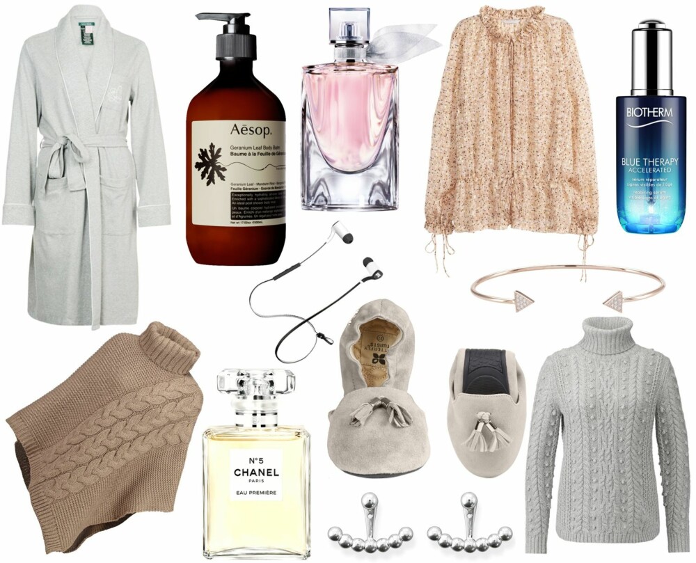 JULEGAVETIPS UNDER 1000 KRONER (f.v.): Lauren Ralph Lauren Badekåpe, kr 999. Aesop Geranium Leaf Body Balm 500 ml, kr 730. Lancôme La Vie Est Belle Eau de Toilette, 50 ml, kr 655. H&M Silkebluse med glitter, kr 699. Biotherm Blue Therapy Serum Accelerated, kr 665. Miiego AL7, kr 799. Sif Jakobs Silver Rose Gold, kr 899. Esprit cape black/Zalando, kr 599. Chanel Eau Première reisestørrelse på 35 ml, kr 710. ButterflyTwists Lauren Nude 05, kr 999. Gap Cable Popcorm Jumper Light Grey Marle/Zalando, kr 549. Thomas Sabo øredobber, kr 899. JULEGAVETIPS UNDER 1000 KRONER (f.v.): Lauren Ralph Lauren Badekåpe, kr 999. Aesop Geranium Leaf Body Balm 500 ml, kr 730. Lancôme La Vie Est Belle Eau de Toilette, 50 ml, kr 655. H&M Silkebluse med glitter, kr 699. Biotherm Blue Therapy Serum Accelerated, kr 665. Miiego AL7, kr 799. Sif Jakobs Silver Rose Gold, kr 899. Esprit cape black/Zalando, kr 599. Chanel Eau Première reisestørrelse på 35 ml, kr 710. ButterflyTwists Lauren Nude 05, kr 999. Gap Cable Popcorm Jumper Light Grey Marle/Zalando, kr 549. Thomas Sabo øredobber, kr 899.