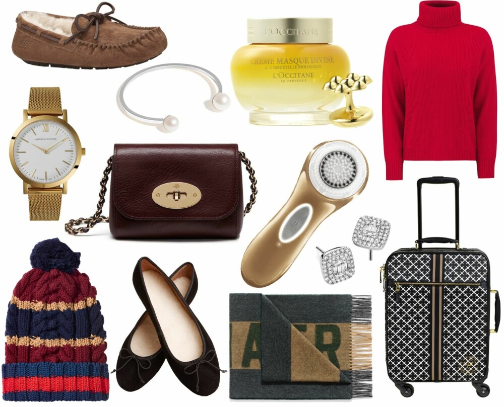 JULEGAVETIPS OVER 1000 KRONER (f.v.): UGG Dekota Chestnut, kr 1499. Jane Kønig Perlearmbånd i sterlingsølv, kr 2220. L'occitane Divine Mask and Applicator, kr 1049. Kashmina kasjmirgenser, kr 2890. Larsson and Jennings Liten Gold, kr 2650. Mulberry Mini-Lily Oxblood Coloured Natural Leather, kr 4090. Clarisonic Aria Sonic Cleansing Gold, kr 1500. Tommy Hilfiger Burgundy Navy Cable Knit Hat, kr 1300. Flattered tøfler, kr 1195. Acne Power Large Grey Mel Toffee Yellow, kr 1295. GD Gulldia 100 Diamonds Victoria hv.gull ørepynt m/diamant 0,50ctW/SI, kr 13 695. By Malene Birger Raniero Arabian Flower Trolley, kr 3999. JULEGAVETIPS OVER 1000 KRONER (f.v.): UGG Dekota Chestnut, kr 1499. Jane Kønig Perlearmbånd i sterlingsølv, kr 2220. L'occitane Divine Mask and Applicator, kr 1049. Kashmina kasjmirgenser, kr 2890. Larsson and Jennings Liten Gold, kr 2650. Mulberry Mini-Lily Oxblood Coloured Natural Leather, kr 4090. Clarisonic Aria Sonic Cleansing Gold, kr 1500. Tommy Hilfiger Burgundy Navy Cable Knit Hat, kr 1300. Flattered tøfler, kr 1195. Acne Power Large Grey Mel Toffee Yellow, kr 1295. GD Gulldia 100 Diamonds Victoria hv.gull ørepynt m/diamant 0,50ctW/SI, kr 13 695. By Malene Birger Raniero Arabian Flower Trolley, kr 3999.