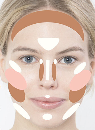 FORM ANSIKTET: Her ser du hvordan du skal legge skygge og highlight på nesen. Mørk farge fra øyekrok og nedover langs siden av nesebenet, og den lyseste skyggen på selve neseryggen. Du kan også konturere resten av ansiktet, som vist på bildet.