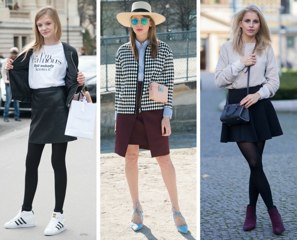 EKSKLUSIV GARDEROBE PÅ BUDSJETT: Til venstre er modell Roos Abels under moteuken i Paris i fjor vår kledd i Zara skjørt, Adidas sko, H&M jakke og Zara T-skjorte. Vesken er fra Giamba. I midten er moteblogger Daria Rozina under moteuken i Paris i fjor vår kledd i Zara sko og veske, & Other Stories skjørt og H&M hatt og jakke. Til høyre er moteblogger Caroline Daur kledd i Asos sko, Topshop skjørt og Zara genser. Vesken er fra Calvin Klein.