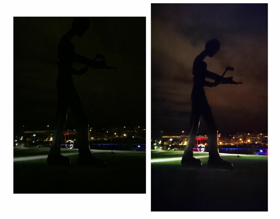 STOR FORSKJELL: Sony Xperia Z5 demonstrerer overlegne nattfoto-egenskaper. Bilde til høyre er tatt med Xperia Z5, mens det til venstre er tatt med iPhone 6 Plus. Forskjellen er stor og skyldes nok at kameraet på Xperia Z5 har en lysfølsomhet som går helt til 12800 ISO (6400 i bildet til høyre), mens Apples iPhone 6 Plus tror vi stopper på 2500 (Apple oppgir ikke data om dette.). Begge bildene er tatt med kameraenes autofunksjon og vi har valgt samme fokuspunkt for bildene.