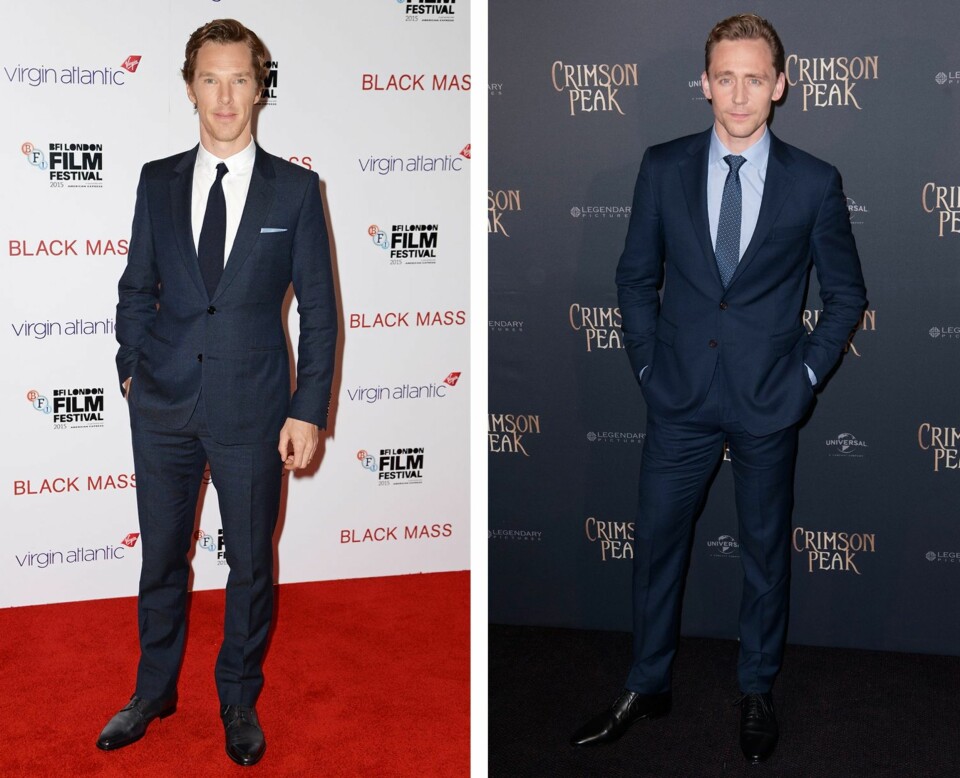 SÅNN SKAL DET GJØRES: Har du på deg dress, skal skjorta nedi – uansett! Her sett på skuespillerne Benedict Cumberbatch og Tom Hiddleston.
