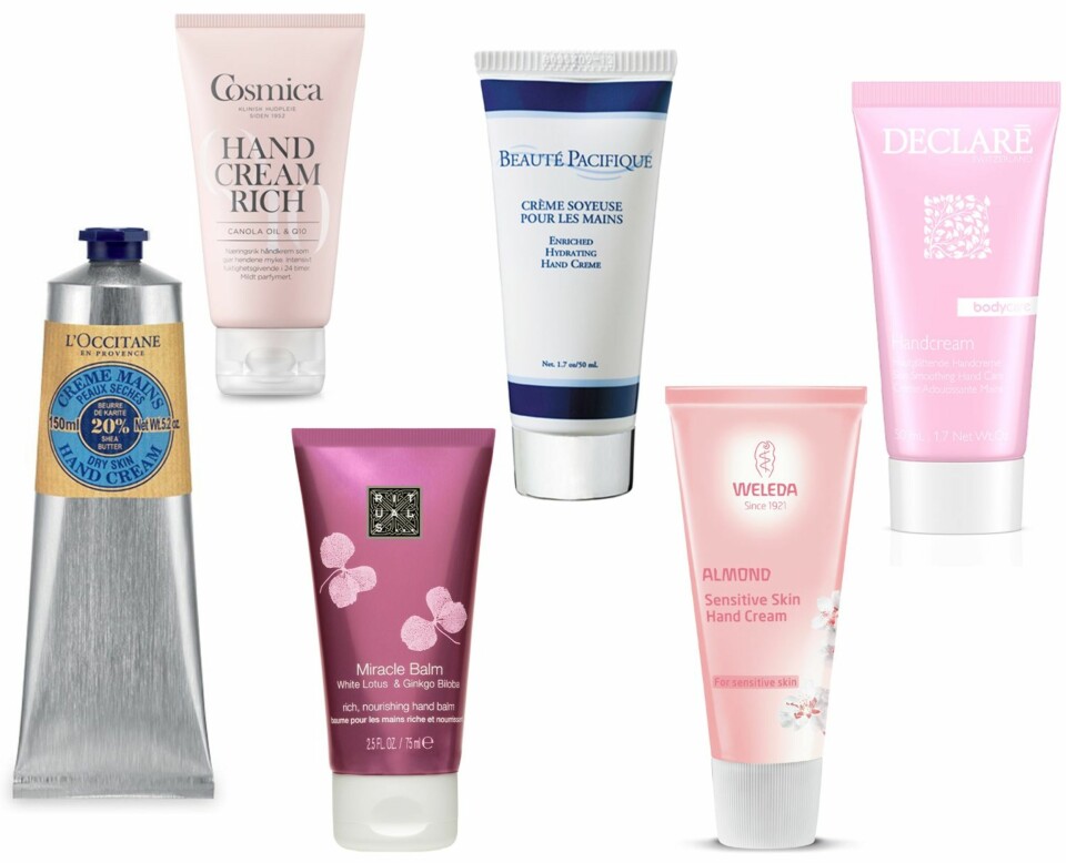 HÅNDKREMER (f.v.): L'occitane Shea Butter Hand Cream 150 ml, kr 199. Cosmica Hand Cream Rich 75 ml, kr 79,90. Rituals Mircale Balm, kr 100. Beauté Pacifique Crème Soyeuse Pour Les Mains, kr 209. Weleda Almond Hand Cream, kr 129. Declarè Handcream, kr 149.