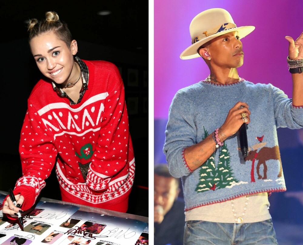 UGLY CHRISTMAS SWEATER: Også kjendisene har lagt sin elsk på "the ugly christmas sweater". Her sett på Miley Cyrus og Pharrell Williams.