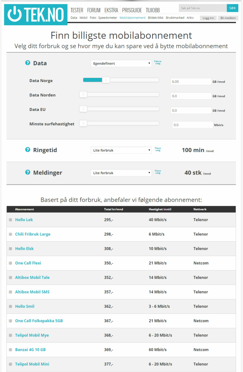 DETALJERT: På Tek.no sin mobilkalkulator kan du også definere om du bruker mye data i inn og utland, og hvor kjapp 4G-hastighet du vil ha.