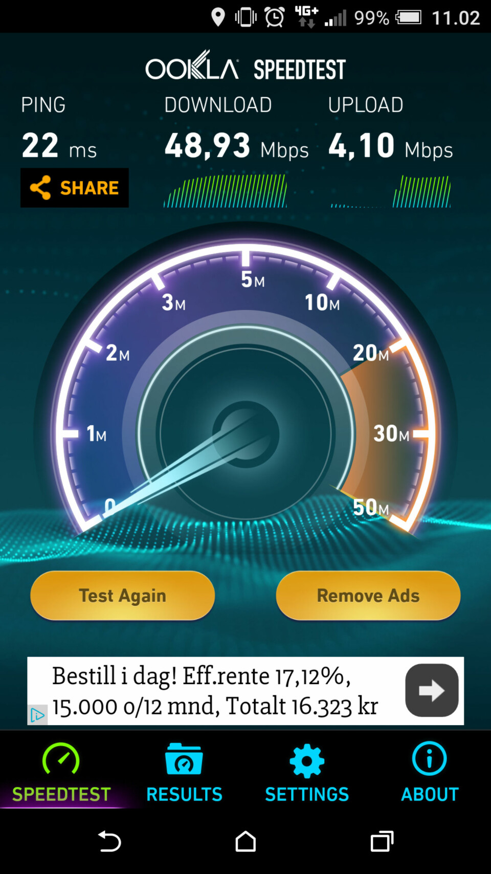 HASTIGHET: Mobilnettet støtter etterhvert svært gode hastigheter, men det er ikke sikkert du får tilgang til dem med ditt abonnement. Her har vi fått nesten 50 Mbps et sted i Oslo, men mange abonnementer struper hastigheten på 10 eller 20 Mbps.