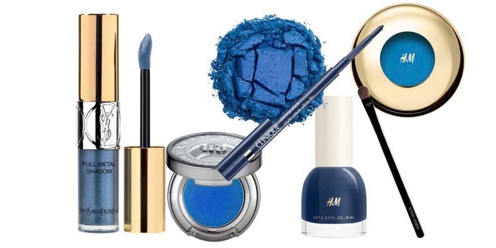 BLÅ SMINKE: Metallisk flytende øyeskygge (kr 290, YSL), øyenskygge-pensel i luksusklassen (kr 550, Giorgio Armani), holdbar øyeskygge (kr 150, Urban Decay), Eyeliner Skinny Stick (kr 165, Clinique), High Impact Eye Colour (kr 60) og neglelakk i fargen Prussian Wool (kr 50, begge fra H&M Beauty). BLÅ SMINKE: Metallisk flytende øyeskygge (kr 290, YSL), øyenskygge-pensel i luksusklassen (kr 550, Giorgio Armani), holdbar øyeskygge (kr 150, Urban Decay), Eyeliner Skinny Stick (kr 165, Clinique), High Impact Eye Colour (kr 60) og neglelakk i fargen Prussian Wool (kr 50, begge fra H&M Beauty).