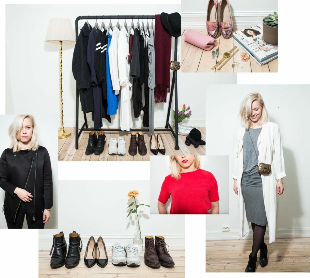 RENATE: Helt til høyre: Renate har på seg en hvit jakke fra Zara, grå kjole fra H&M Trend, vintageveske fra et marked i Brooklyn og sko fra Din sko.
