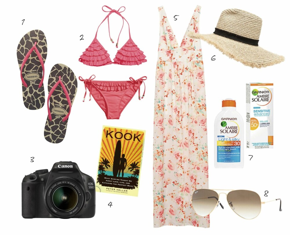 HENRIETTE HØIGILT: Blir alltid glad når hun ser et par Havaianas, har alltid med seg mange bikinier på ferie og blir aldri lei av å ta eller se på bilder. 1. Havaianas, kr 349. 2. Bikini fra H&M, kr 49 per del. 3. Kameraet Canon EOS 550 D, kr 6200. 4. Platekompaniet, kr 189. 5. Zara, kr 499. 6. Zara, kr 199. 7. Solfaktor 50 til fjes og bryst fra Vita, kr 139 - og faktor 30 til kroppen fra Vita, kr 145. 8. Ray-Ban, kr 1629. HENRIETTE HØIGILT: Blir alltid glad når hun ser et par Havaianas, har alltid med seg mange bikinier på ferie og blir aldri lei av å ta eller se på bilder. 1. Havaianas, kr 349. 2. Bikini fra H&M, kr 49 per del. 3. Kameraet Canon EOS 550 D, kr 6200. 4. Platekompaniet, kr 189. 5. Zara, kr 499. 6. Zara, kr 199. 7. Solfaktor 50 til fjes og bryst fra Vita, kr 139 - og faktor 30 til kroppen fra Vita, kr 145. 8. Ray-Ban, kr 1629.
