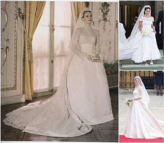 MOTEØYEBLIKK: Den lange A-formede kjolen Grace Kelly bar under sitt bryllup med Fyrsten av Monaco, inspirerte både Kate Middleton og Prinsesse Madeleine sine brudekjoler.