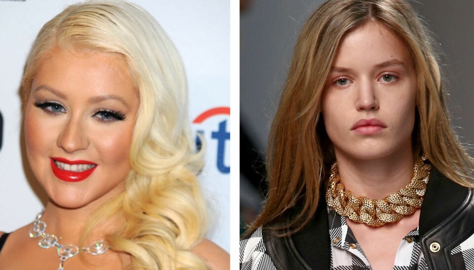 USMINKET ER HOT: Ifølge motehus som Alexander Wang, Balmain og Proenza Schouler er en av de heiteste sminketrendene den naturlige looken. Christina Aguilera (til venstre) bommer altså litt, mens Georgia May Jagger (til høyre) er spot on.